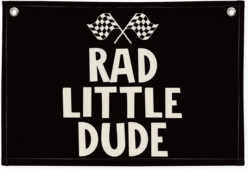 PLKMN Race Car Room Decor for Boys, Kids Playroom Decor Rad Little Dude Black Canvas Banner Wall Hanging Banner Flag, Classroom Decorations - Image 1